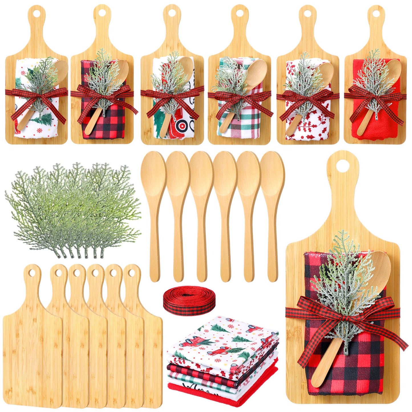 Leinuosen 6 Sets Christmas Cutting Board Set Christmas Kitchen Gifts Bulk Charcuterie Boards with Cooking Spoons Red Buffalo Check Towels Ribbon and Pine Gift for Holiday Housewarming(Classic)