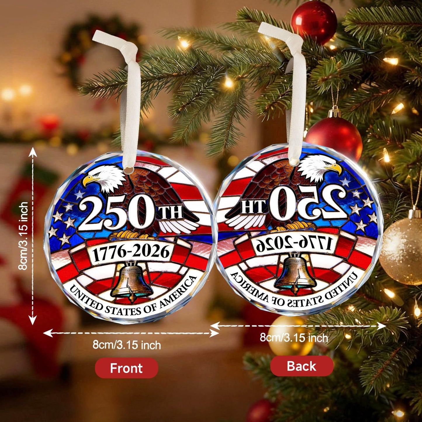 America 250th Anniversary Ornament, America 250 Merchandise Crystal Glass Christmas Ornaments, Fourth of July Decorations, Independence Day Souvenir Gifts, Liberty Bell Keepsake