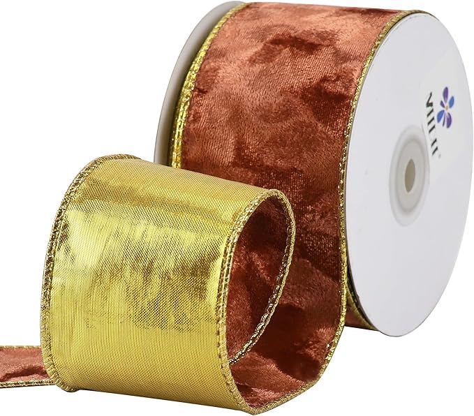 MEEDEE Copper Velvet with Gold Back Double Sided Christmas Wired Ribbon 2-1/2 inch 25 Yards Fall Velvet Ribbon for Christmas Tree, Wreaths, Crafts Bow, Garlands, Gift Wrapping, Seasonal Decorations