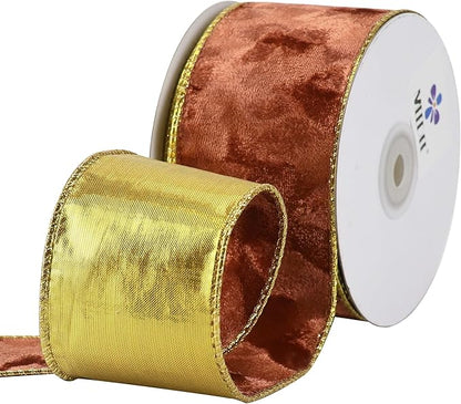 MEEDEE Copper Velvet with Gold Back Double Sided Christmas Wired Ribbon 2-1/2 inch 25 Yards Fall Velvet Ribbon for Christmas Tree, Wreaths, Crafts Bow, Garlands, Gift Wrapping, Seasonal Decorations
