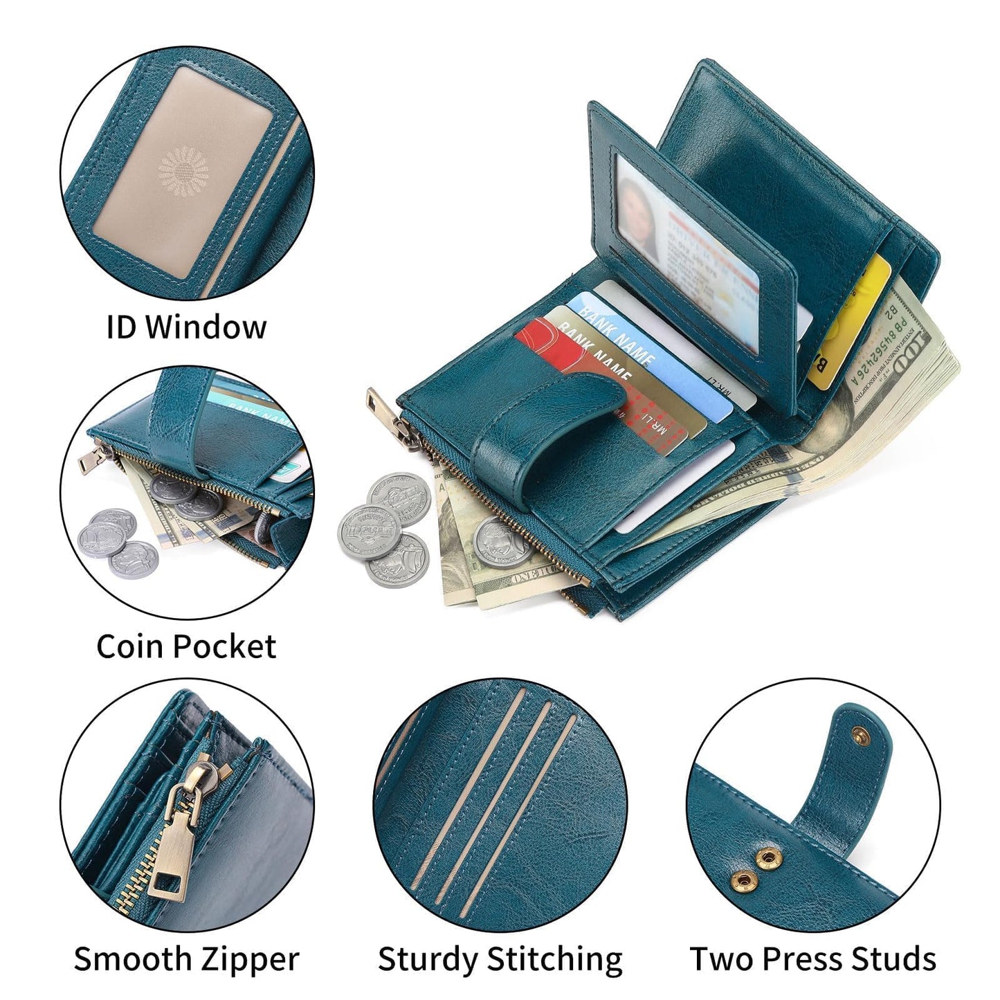 GAEKEAO Small Wallet Women Vegan Leather RFID Blocking Bifold Ladies Compact Card Holder with Zipper Pocket & ID Window