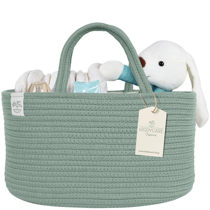 KiddyCare Diaper Caddy Organizer for Baby Nursery Basket with Handle Lid Nursing Caddy with Changing Table Organizer Cart Newborn Caddy Basil Large