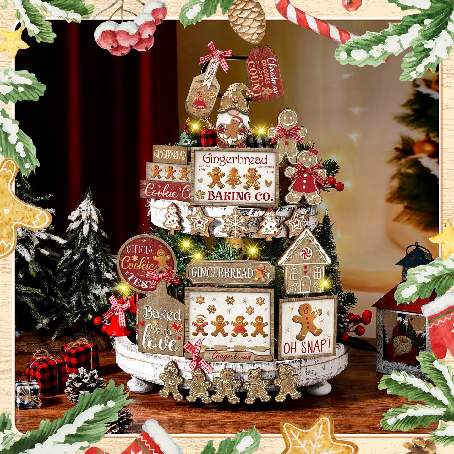 Shellwei 24 Pcs Christmas Tiered Tray Decor Set Wood Rustic Gingerbread Christmas Decoration Winter Farmhouse Decor Xmas Trees Gnome Elk Snowflake Signs for Table Shelf Home Centerpiece (Cute)