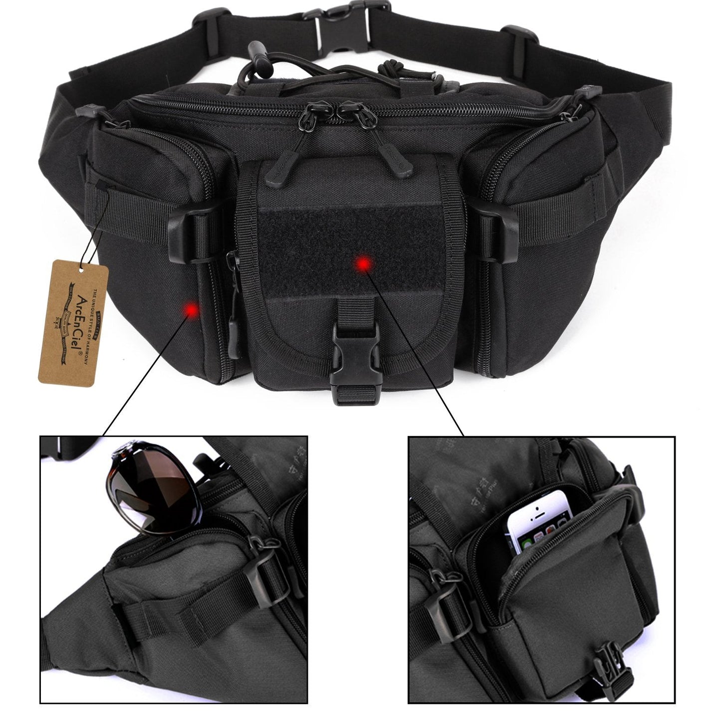 ArcEnCiel Tactical Fanny Pack for Men Women Waist Bag Hip Belt Outdoor Hiking Fishing Bumbag with Patch (Black)