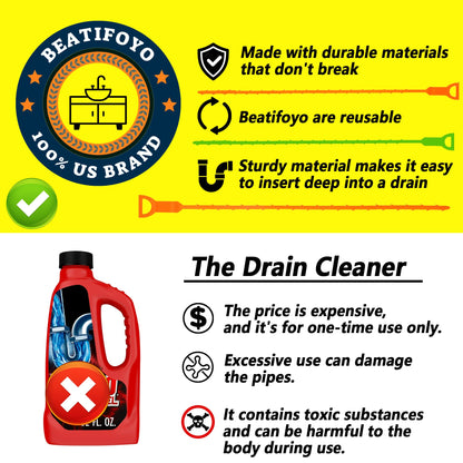 Beatifoyo Drain Snake, Drain Clog Remover,Hair snake Tool Opener, sink snake for Sewer Kitchen Sink Bathroom Tub Toilet Clogged Drains Relief Cleaning Tool(1pc 25 Inch +1pc 20inch)