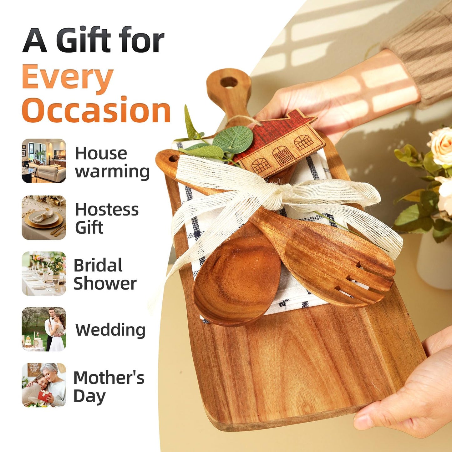 The Perfect Housewarming Gift! Wooden Cutting Boards Set with Utensils & Napkin - Charcuterie, Cheese, Serving Tray for New Home, Kitchen Decor