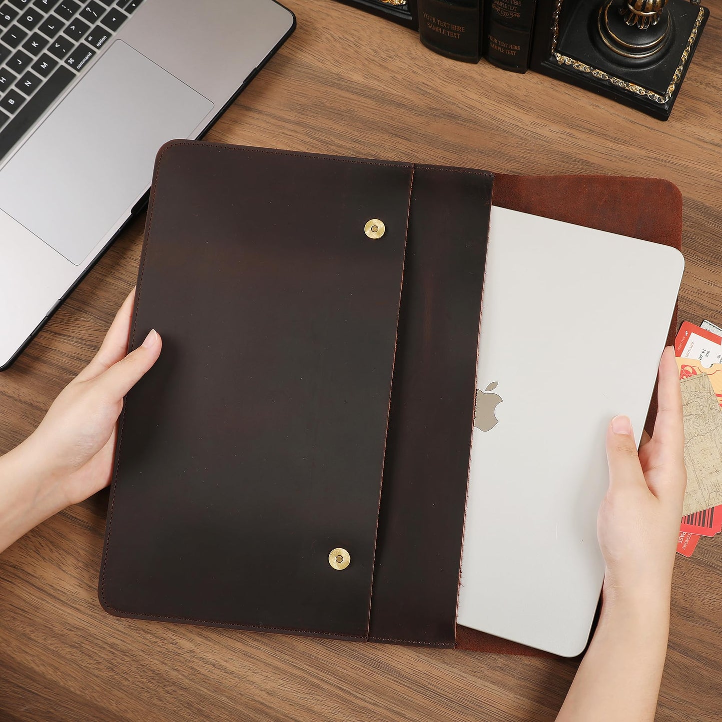 Leather Tablet Sleeve - 12.9/13 Inch iPad Pro Sleeve, Document Holder Folio File Holder, Genuine Leather iPad Case for Protection and Style-Dark Brown