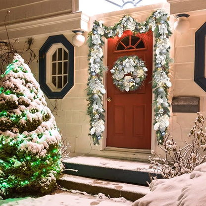 Lighted Christmas Wreath for Front Door with 20 LED Lights,22inch prelit Christmas Wreath with Big Flower and Ball Ornament,Winter Porch Decor,Indoor Outdoor Christmas Silver White Decorations