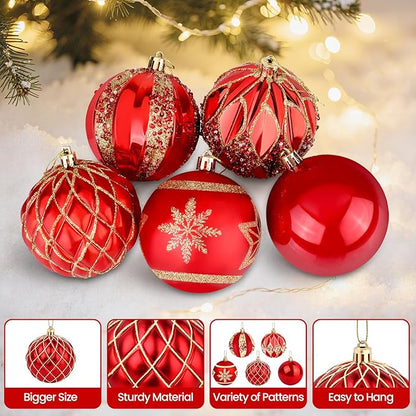 EveryMerry 24-Pack 3.1 Inch Christmas Ornaments Set - Red & Gold Ornament Balls with 5 Various Designs, Decorations with Strings, Sturdy, Kraft Box with Lid for Xmas Tree, Holiday Party & Home Decor
