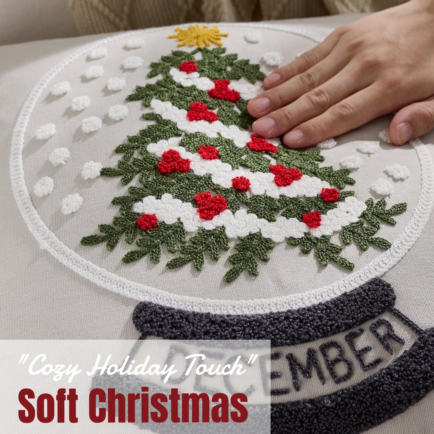 Farmhouse Christmas Pillow Covers 18x18 Set of 2, Xmas Embroidered Throw Cushion Cases with Festive Patterns for Rustic Home Holiday Decor (Snow Globe Christmas Tree, 18" x 18" (Pack of 2))