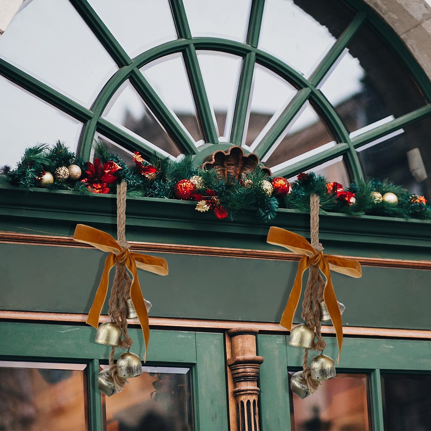 Lukmaa 2 Pcs Rustic Christmas Bells with Neutral Velvet Ribbon Bows Christmas Metal Bells Hanging Ornament Xmas Tree Wall Door Wreath Decoration for Rustic Farmhouse Holiday Decoration