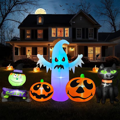 8FT Long Halloween Inflatables Outdoor Decorations, Inflatable Pumpkin and Ghost Black Cat Halloween Decorations with Built-in RGB LEDs Blow Up Inflatable for Halloween Party Garden Yard Lawn