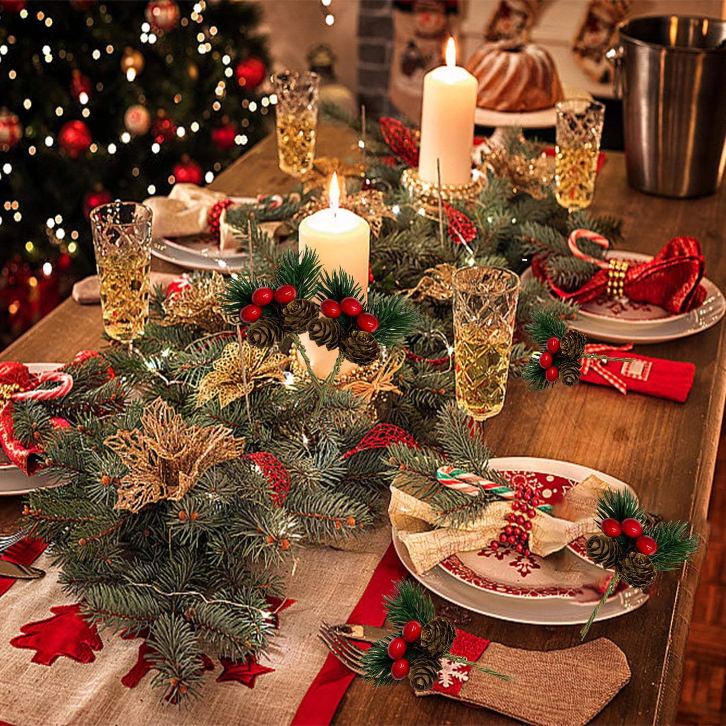 Acronde 30PCS Artificial Pine Picks Christmas Simulation Pine Needle Small Berries Pinecones for Flower Arrangements Wreaths Wedding Xmas Tree Decor (30, Red)