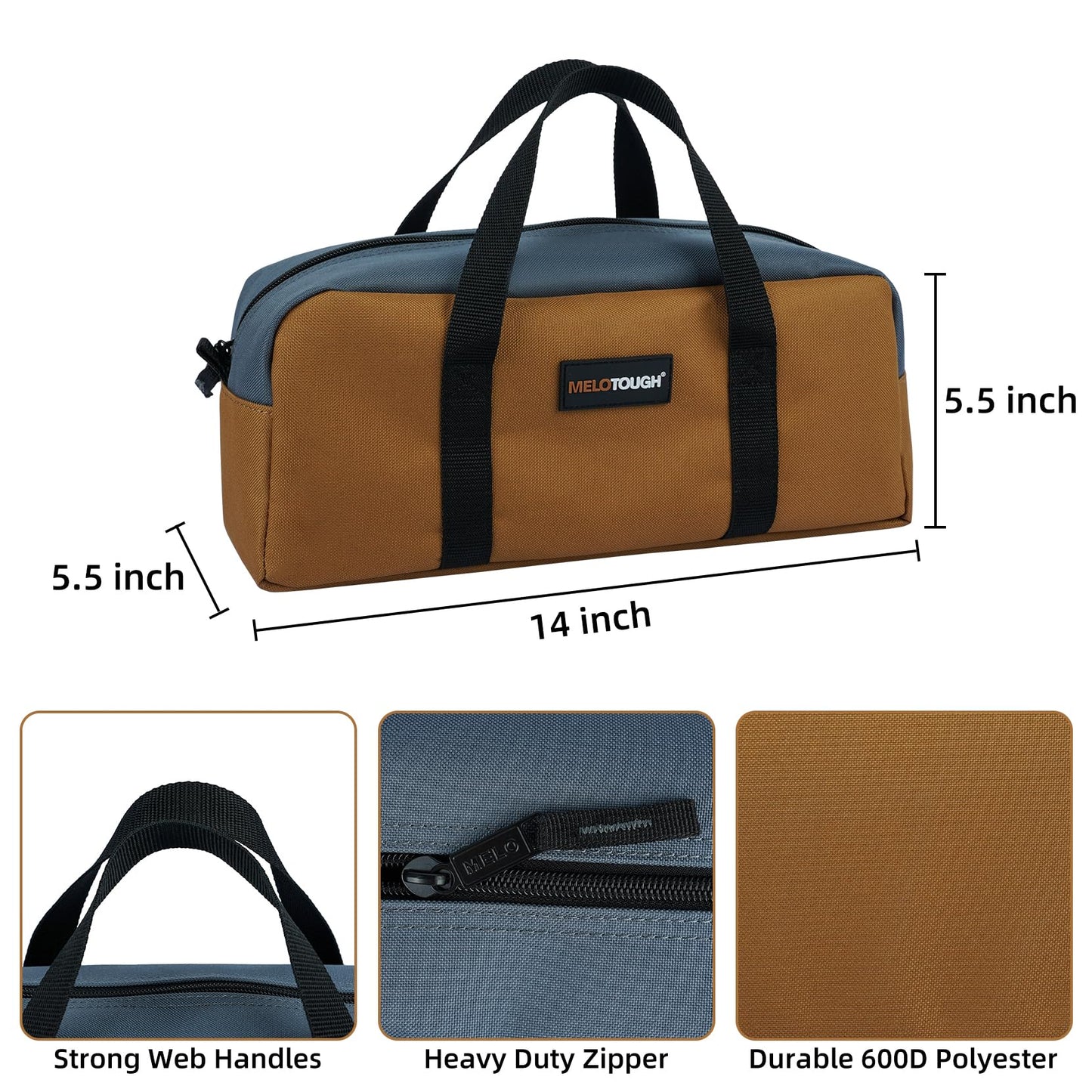 MELOTOUGH Tool Tote Bag Canvas Tool Bag with Zipper Utility 14 Inch Small Tool Storage Bags for Electrician,HVAC,Plumbing,Technician(Black & Grey)