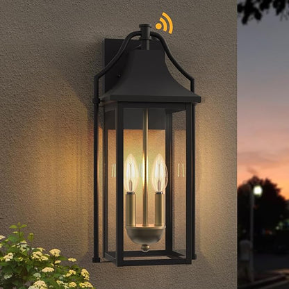 𝟏𝟕.𝟒𝑰𝑵 Outdoor Wall Sconce Fixture, Dusk to Dawn Patio Lights Waterproof Exterior Lanterns, 2-Light Modern Wall Lights Mounted with Glass, Black Outside Light for House Front Door Decor