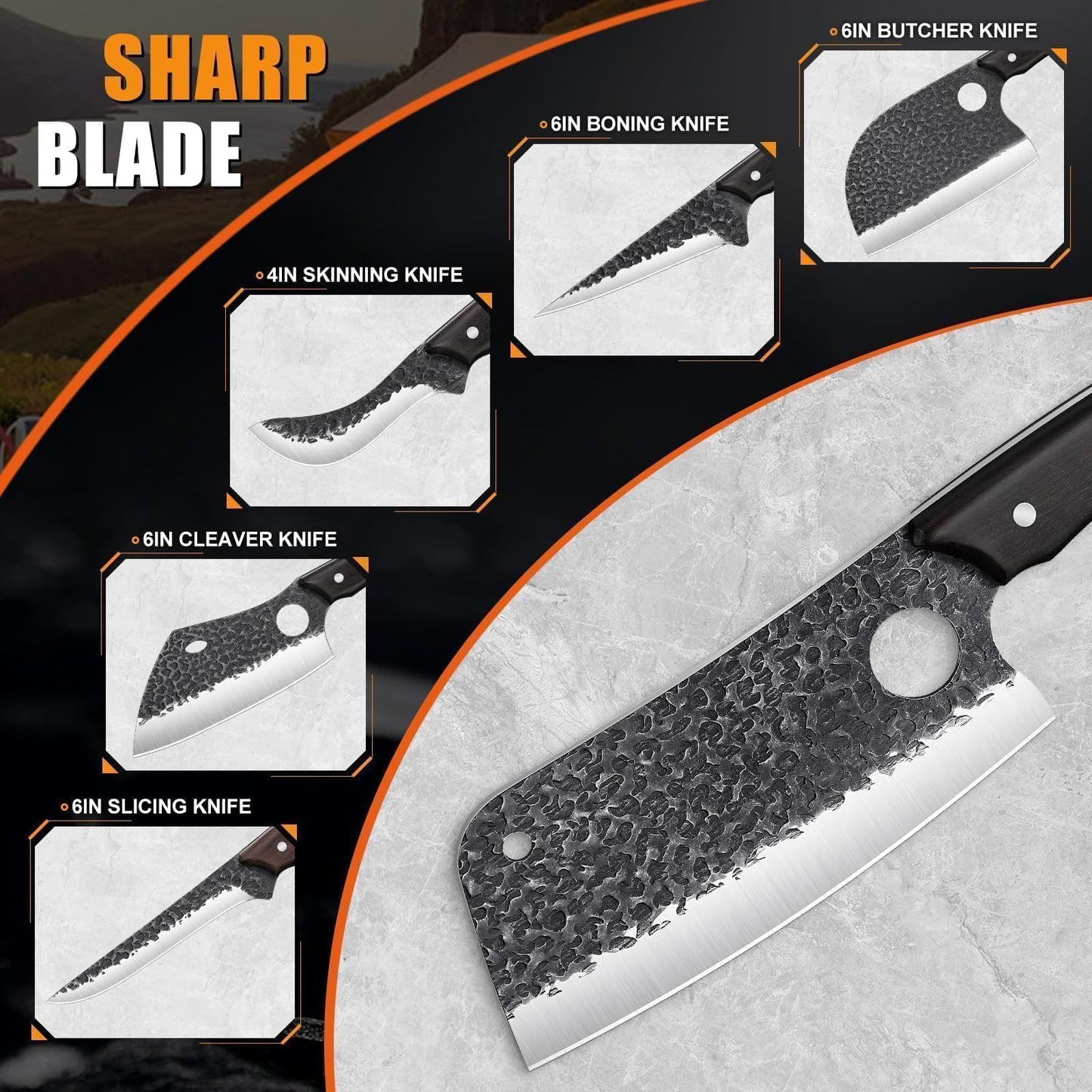 TAN REN 17PCS Butcher Knife Set with Bag, High Carbon Steel BBQ Knife Set for Meat Cutting, Hand Forged Serbian Chef Knives for Men Home & Outdoor Cooking