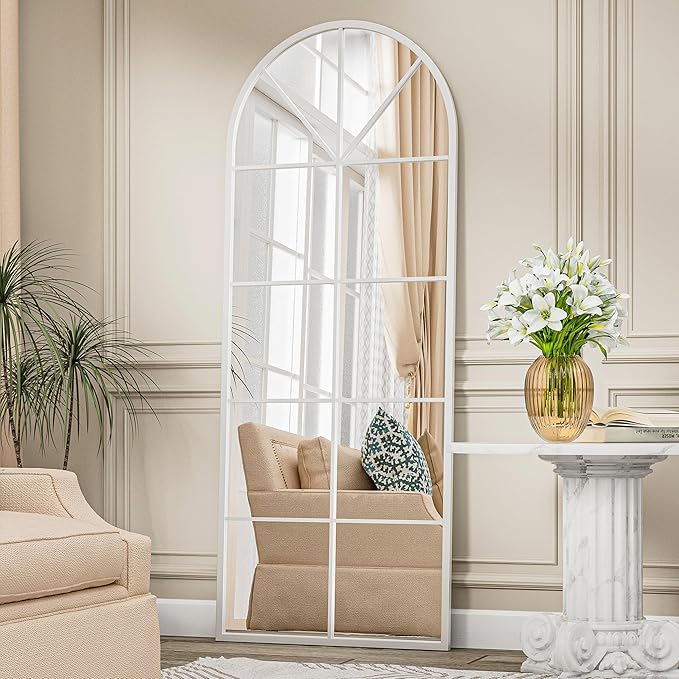Mirror Full Length, 65"x22" Arched Window Pane Mirrors for Wall Decor, White Full Body or Wall Mounted Mirrors, Farmhouse Standing Mirror Hanging or Leaning for Living Room, Entryway, No Stand