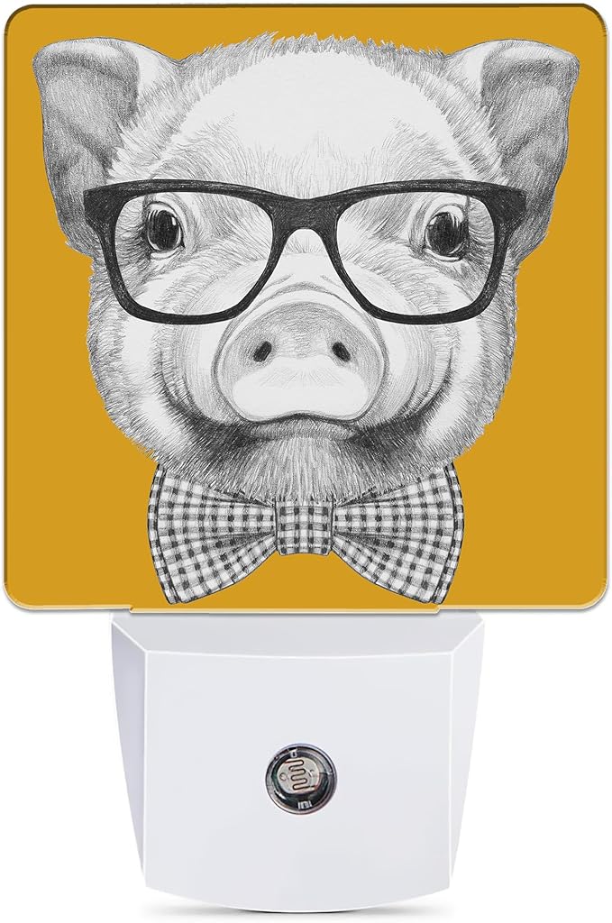 Pig with Glasses Night Light, Bow Tie Plug into Wall with Dusk to Dawn Light Sensors, Warm Nightlights for Bedroom, Bathroom, Hallway, Kitchen, Gifts Ideal for Boys Girls Women Men
