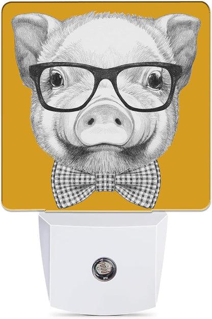 Pig with Glasses Night Light, Bow Tie Plug into Wall with Dusk to Dawn Light Sensors, Warm Nightlights for Bedroom, Bathroom, Hallway, Kitchen, Gifts Ideal for Boys Girls Women Men