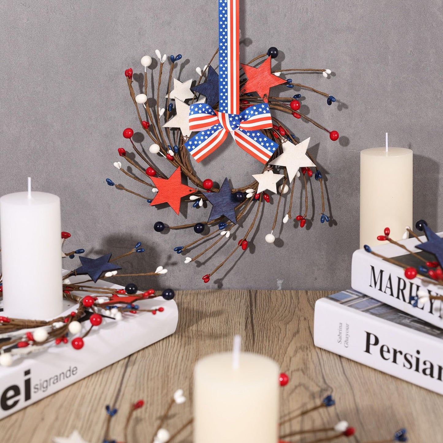4 PCS Small Patriotic Wreath Mini 4th of July Wreaths for Kitchen Cabinets Farmhouse Artificial Red White Blue Stars Memorial Day Windows Wreaths for Independence Day Porch Wall Decor