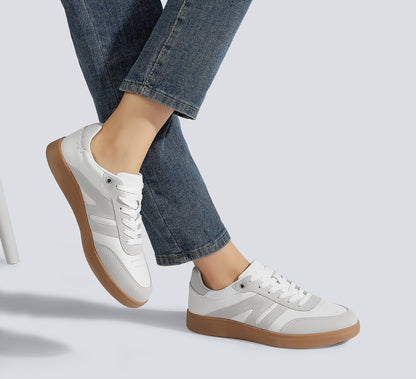 LUCKY STEP Women Classic Retro Gum Sole Fashion Sneakers Casual Tennis Skate Shoe Genuine Leather Walking Footwear Anti Slip Trainers(White/Grey,8.5)