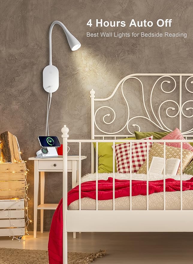 deeloop LED Wall Mount Reading Light for Bed, Reading Lamp with USB Output 5 Brightness Levels Touch Control Book Lights, 4000K Bedside Lamp Flexible Gooseneck, 2 Easy Install Options