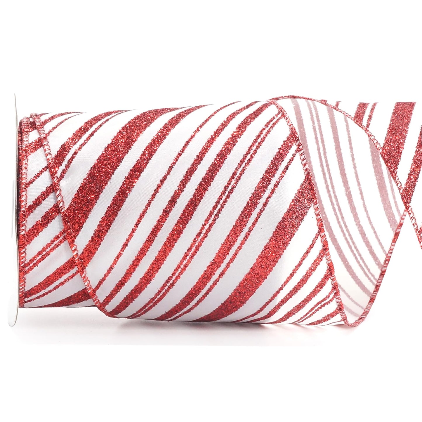 ALTIER 4 Inch x 10 Yards White Satin Red Glitter Stripes Wired Ribbon for Christmas Home Decoration Gift Wrapping Bow Making Wreath DIY Crafts