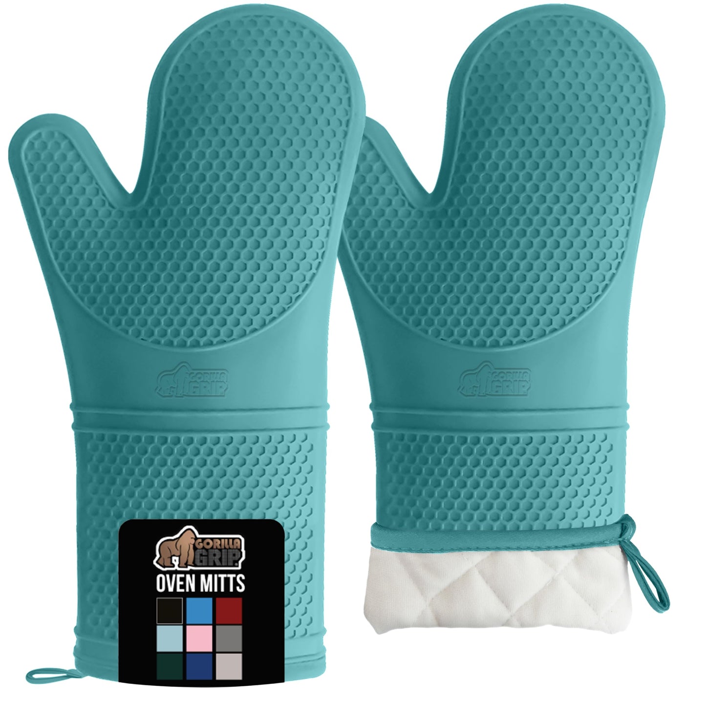 GORILLA GRIP BPA-Free Soft Silicone Oven Mitts and Pot Holders Sets, Heat Resistant Waterproof Cooking Gloves, Thick Cotton Lining, Flexible Gripping for Baking Grilling, Kitchen Trivets, Turquoise