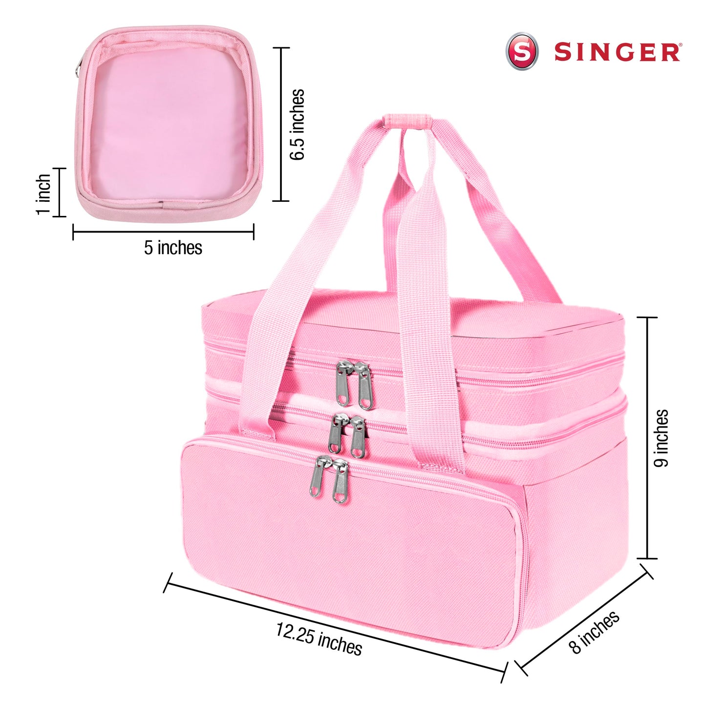 SINGER Sewing Accessories Organizer (Bag Only) – Double Layer Portable Sewing Storage Bag | 2 Detachable Pouches and 18 Compartments, Large Sewing Supplies & Crafting Carry-all (Pink)