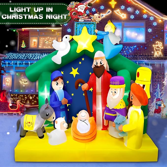 6.5FT Christmas Inflatables Nativity Scene Outdoor Decorations The Birth of Jesus Scene Christmas Blow ups Built in LED Lights Inflatable Christmas Decorations for Garden Lawn Patio