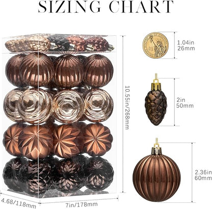 JORNOY Brown Christmas Tree Ornaments - 2.36inch/60mm Shatterproof Ornaments for Christmas Tree Set, Plastic Decorative Hanging Balls Ornaments for Xmas Tree Decorations, 40ct (Brown)