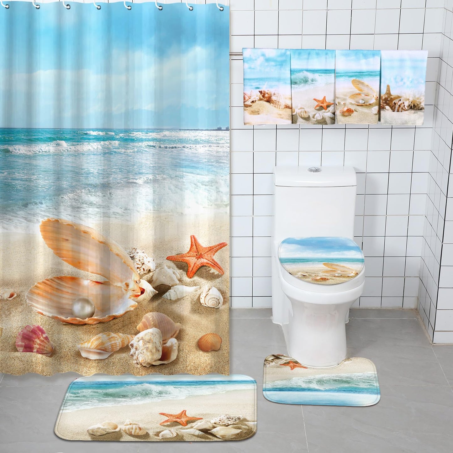 FuWeave 8 Pcs Summer Beach Shower Curtain Set Bathroom Decor Sea Ocean Waterproof Bathroom Accessories Shower Curtain Sets with Towels Carpet Bath Mat Toilet Rugs and 12 Hooks