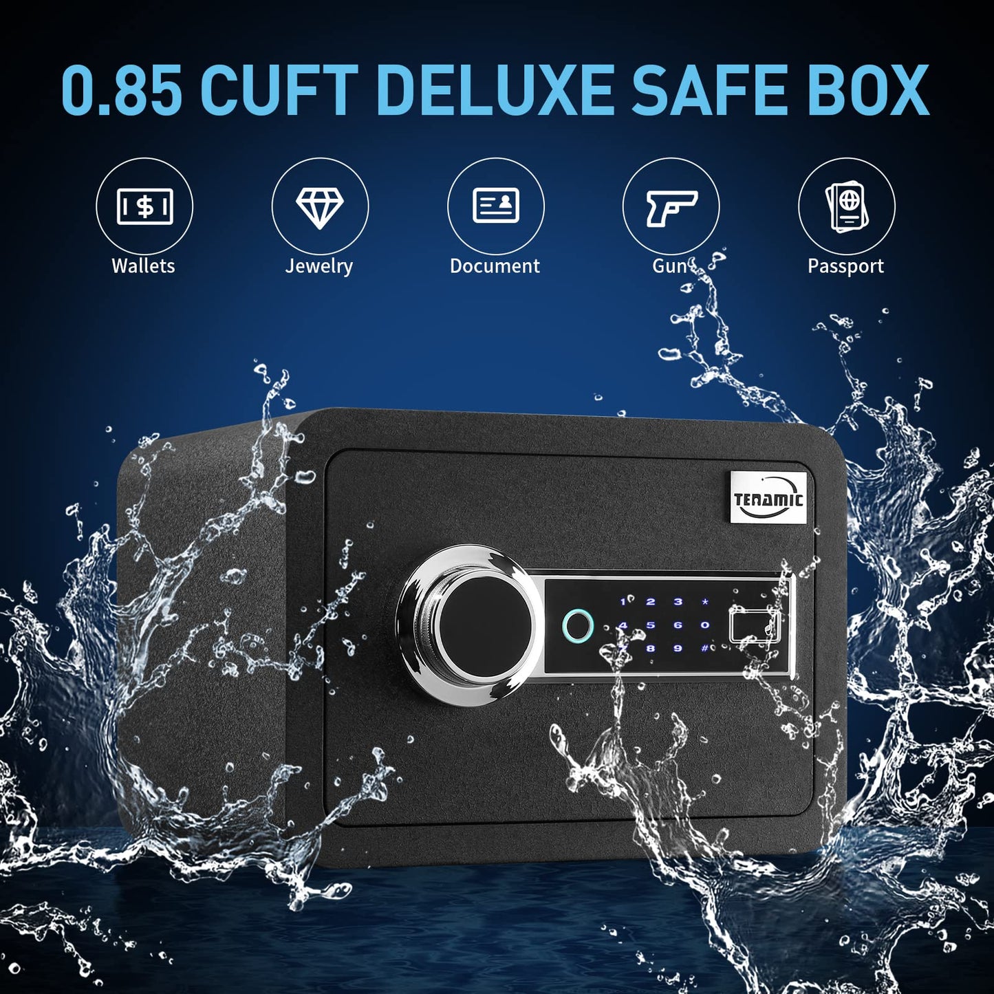 Tenamic Biometric Fingerprint Safe Box 0.85 Cubic Feet Fireproof Waterproof Safe Box with Induction Light and Leather, Solid Alloy Steel Office Hotel Home Cabinet Safe, Black