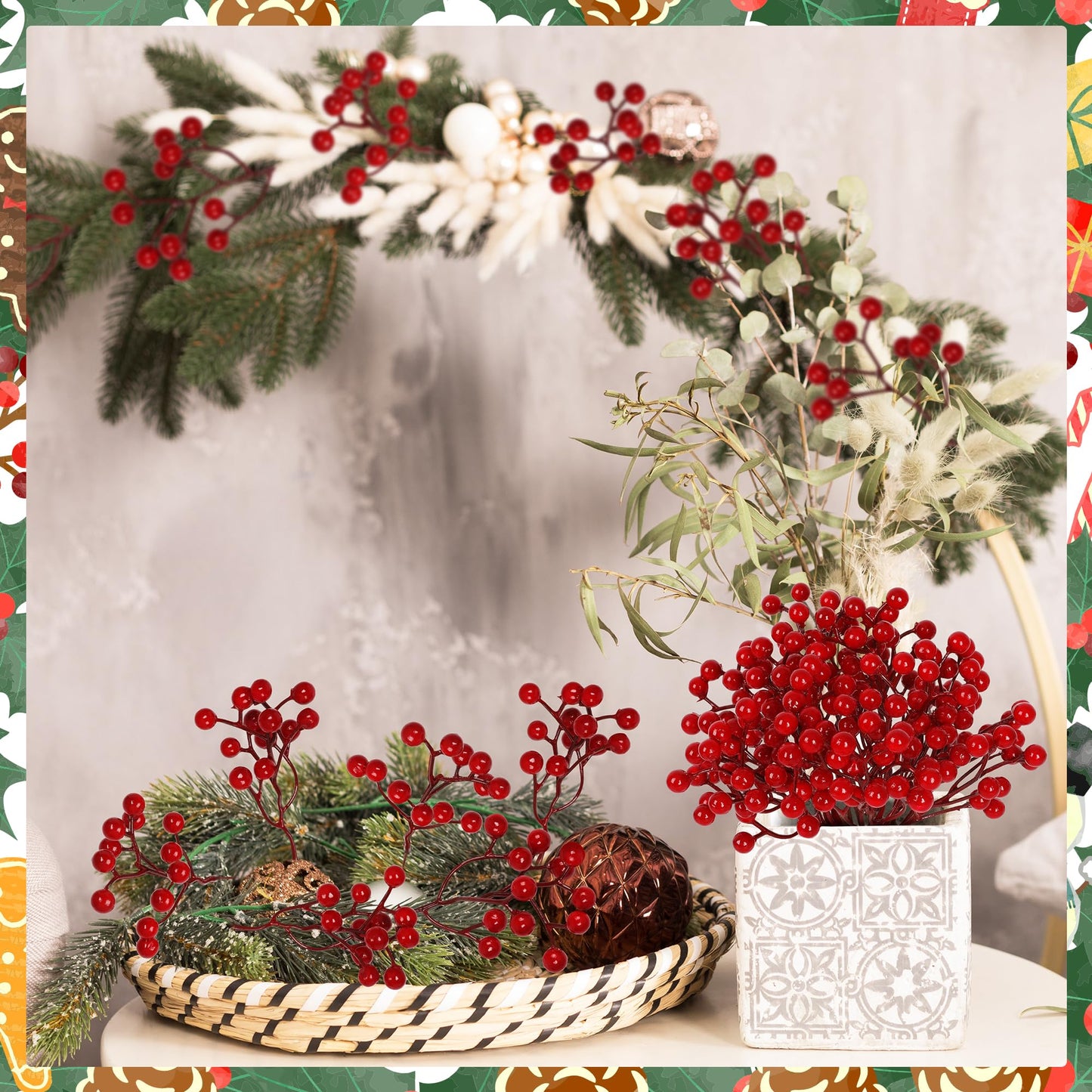 Vipay 24 PCS Christmas Tree Decorations, 7.08 in Red Berry Stem, Artificial Berry Picks Floral Pick for Wreath, Burgundy Holly Berries Branches Christmas Decor for Flowers DIY Garland