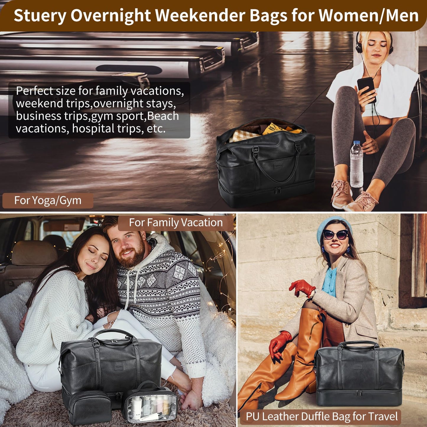 Faux Leather Weekender Bags for Women: Large Overnight Bags Travel Duffel Bag Carry On Shoulder Weekend Tote with Shoe & Laptop Compartment & Toiletry Bags for Airplane Traveling Gym
