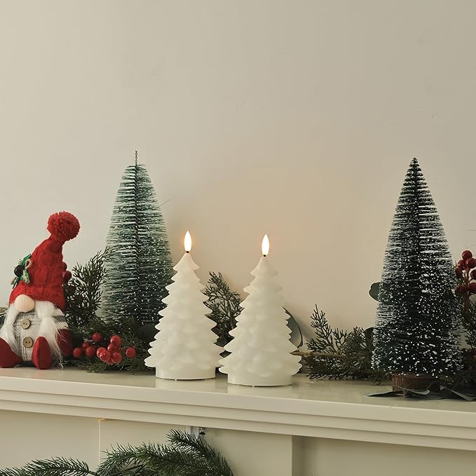 White Flameless Christmas Tree Candles with Remote Timer, Real Wax LED Battery Operated Candles for Winter Home Decor, Xmas Holiday Gift, Fireplace & Table Decoration, 2 Pack