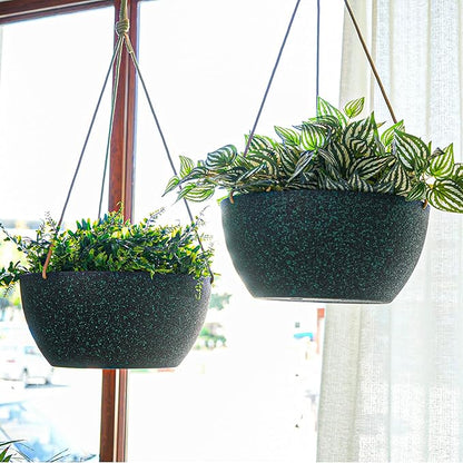 13 Inch 2 Pack Large Hanging Planters for Indoor Outdoor Plants, Plastic Hanging Basket Pots for House Plants Flowers, Black Speckles