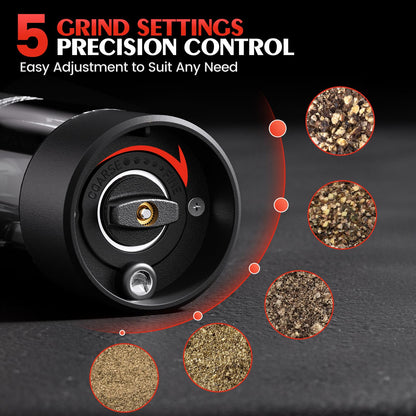 Electric Salt and Pepper Grinder Set Automatic Battery Pepper Mill Shakers Adjustable Coarseness Easy Filling Upgraded Larger Capacity with Led Kitchen Appliances (2 Pack Black/Black）