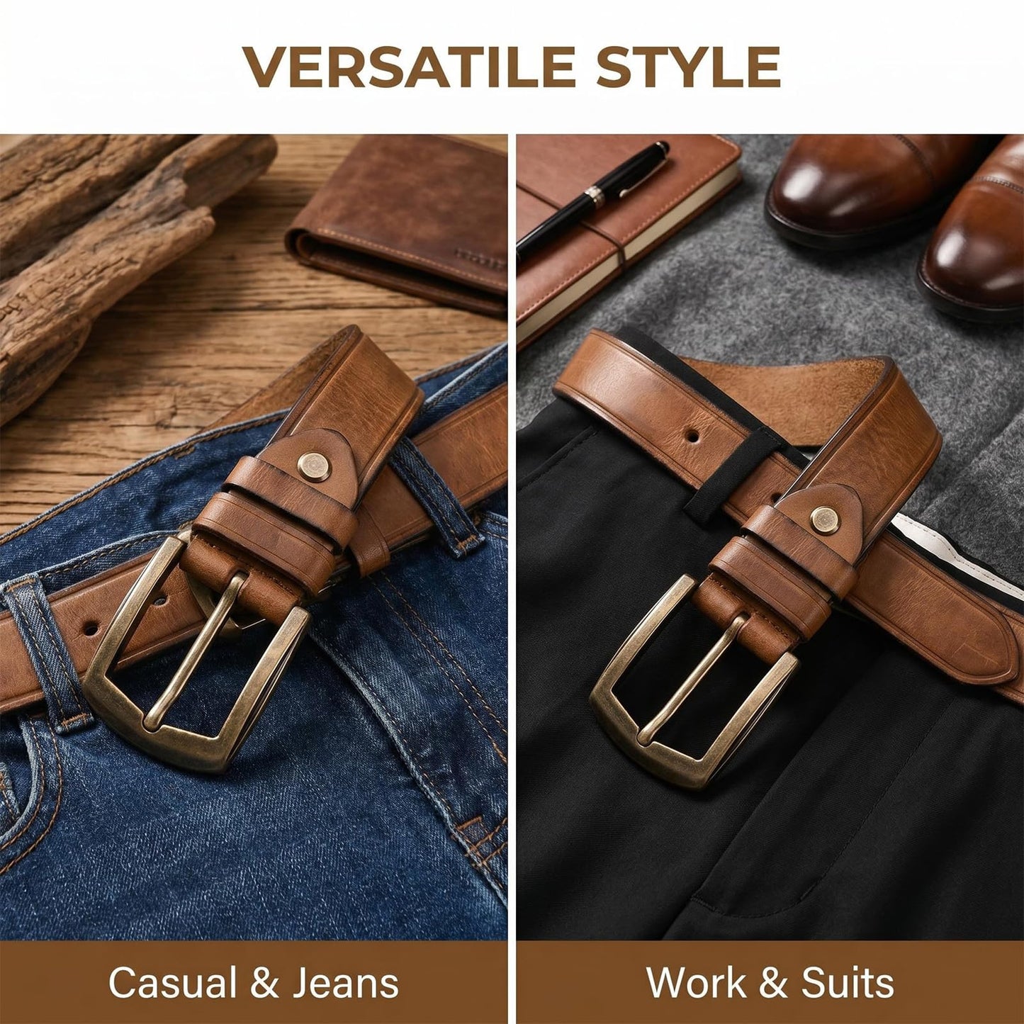 Rollslatte Full Grain Italian Genuine Leather Belt for Men, Retro Brass Buckle Cowboy Western Belt Casual Dress Jeans, Gift for Husband, Father, Boyfriend Size 38