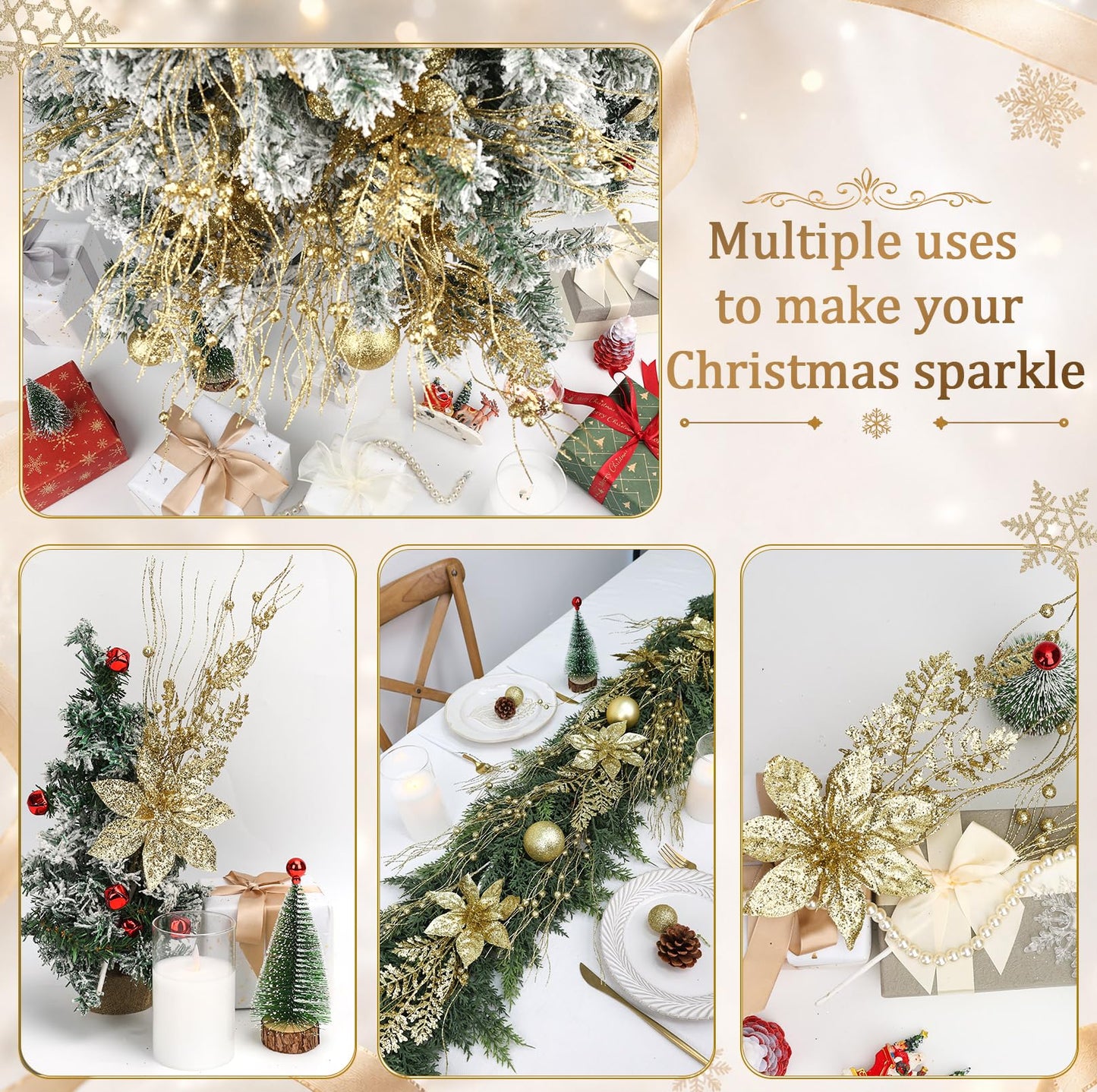 N&T NIETING 18Pack Christmas Tree Decorations Picks and Sprays, Artificial Flowers Glitter Berry Stems Twigs Branches Ornaments for Xmas Tree Vase Filler Holiday Wedding Party Home Decor (Gold)