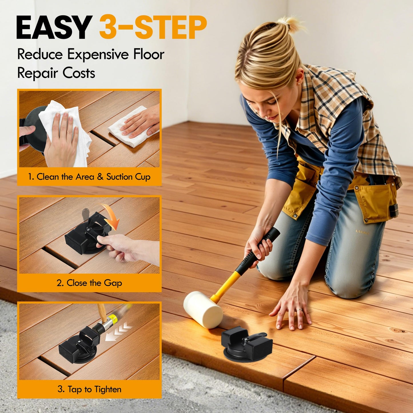 Iron Floor Gap Fixer Tool with Suction Cup, Dual Striking Heads & 4 Adhesive Pads, Floor Gap Tool for Laminate, Hardwood, Tile & Vinyl Floors