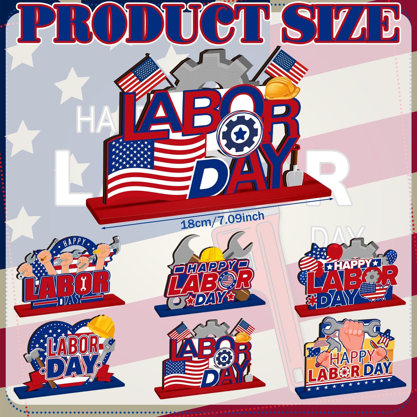 6 Pcs Labor Day Decoration Wooden Party Table Centerpieces Supplies Patriotic Theme Table Decorations for American Labor Day Party