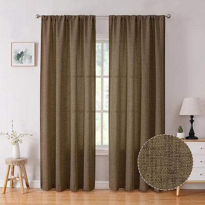 Tollpiz Linen Curtain Bedroom Rod Pocket Semi Sheer Curtains Burlap Light Filtering Thick Linen Drape for Living Room, 38 x 84 inches Long, Brown, Set of 2 Panels