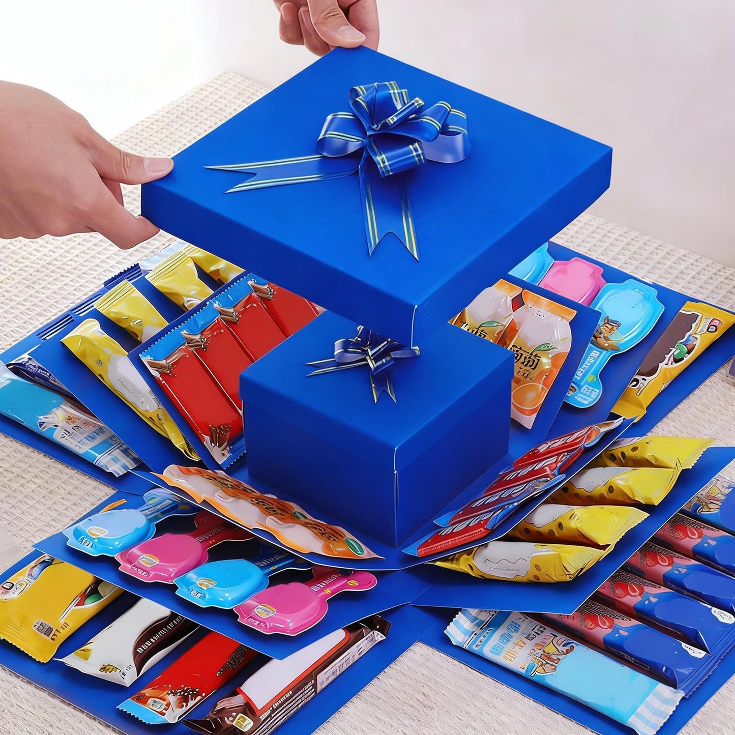 5-Layer creative explosion gift box, gift wrap box. Creating a 5-Layer of various gifts by yourself. An ideal, mysterious self-made gift for birthday, Christmas and anniversaries. (Blue, Square)