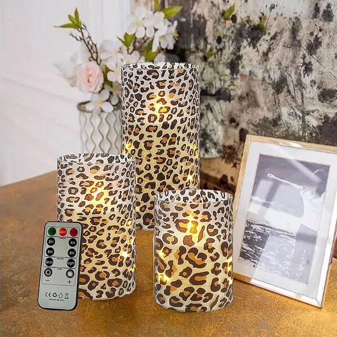 Flickering Flameless Candles Leopard Print Embedded Star String Lights, Battery Operated Acrylic LED Pillar Candles with 11-Key Remote and Timer for Home Decoration, 3 Pack