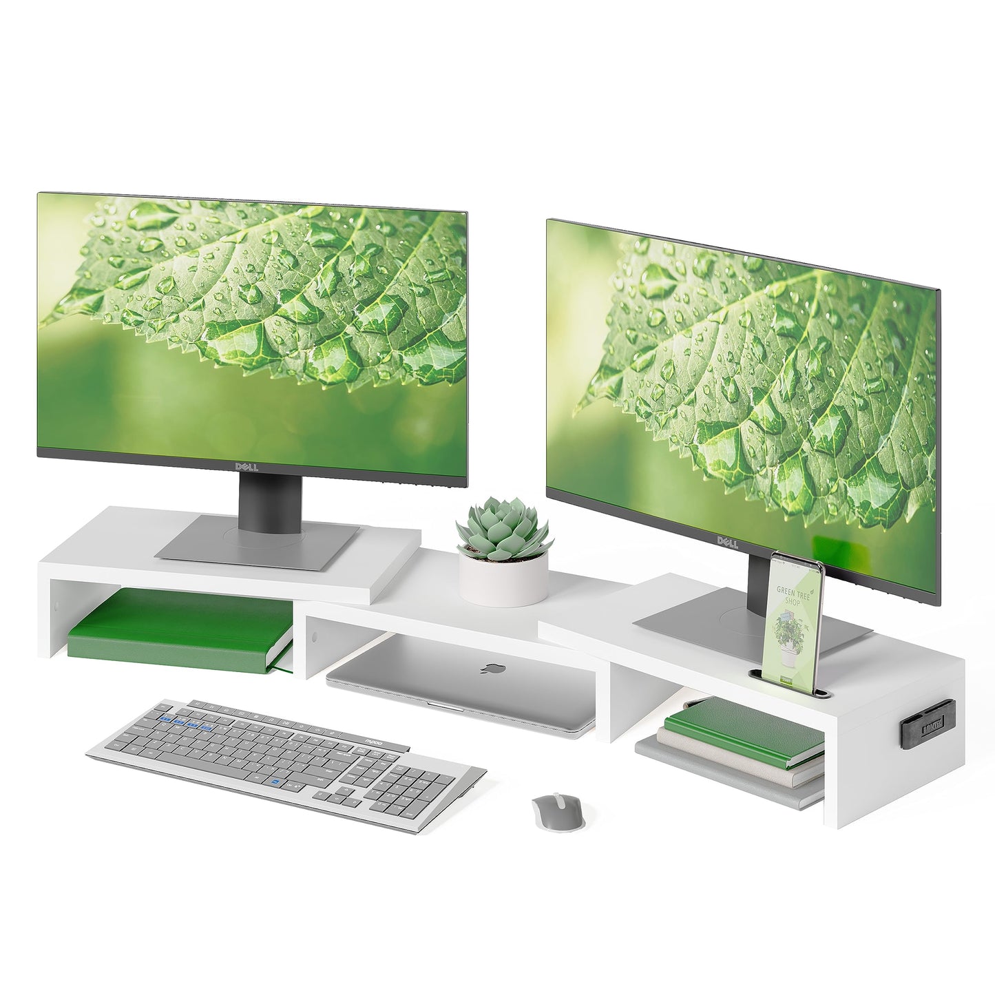 BONTEC Dual Monitor Stand for Desk, Adjustable Length and Angle Monitor Stand Riser with Smartphone Holder, Desk Shelf for Top of Desk, Computer Monitor Stand with Storage, Office Desk Organizer, White