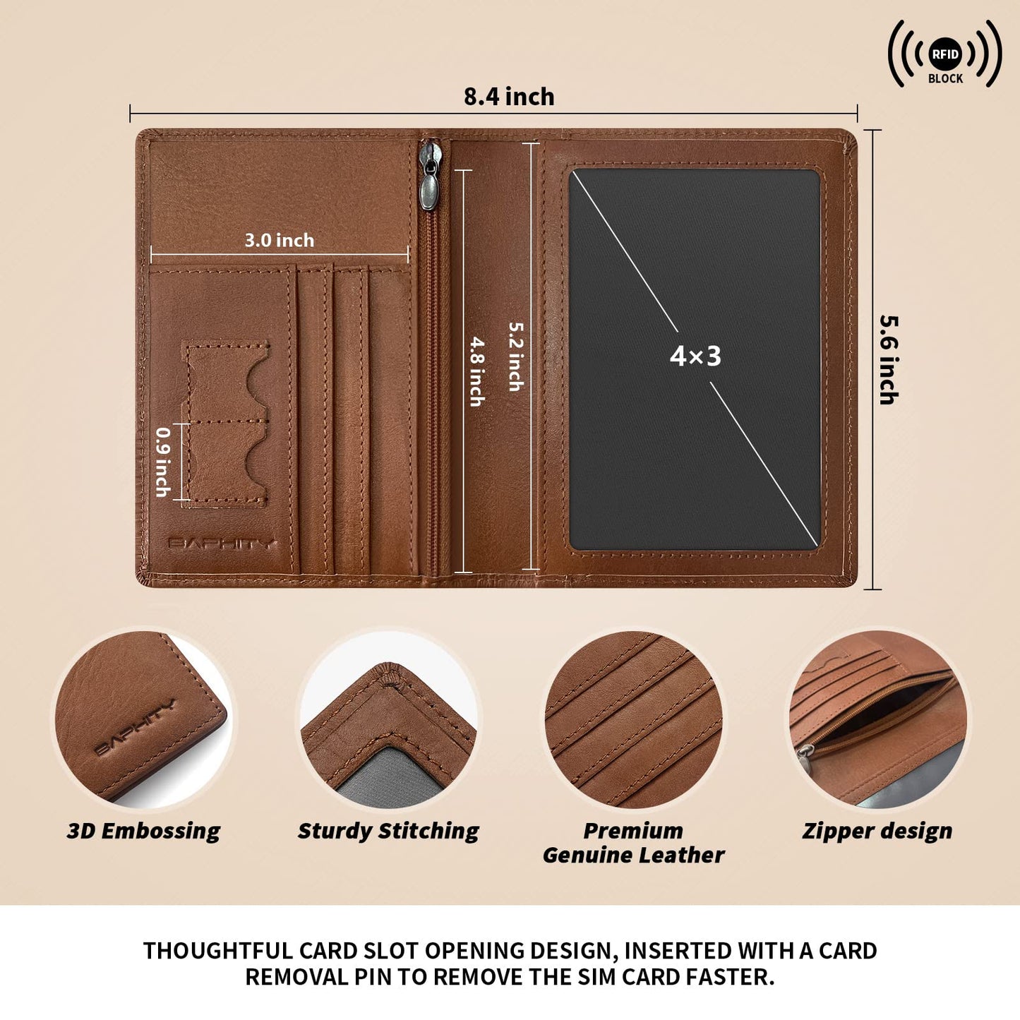 BAPHITY Genuine Leather RFID Blocking Passport Holder Wallet with Zipper Hidden Pocket,Luxury Cover for Men Women,Ideal Gift-red-brown