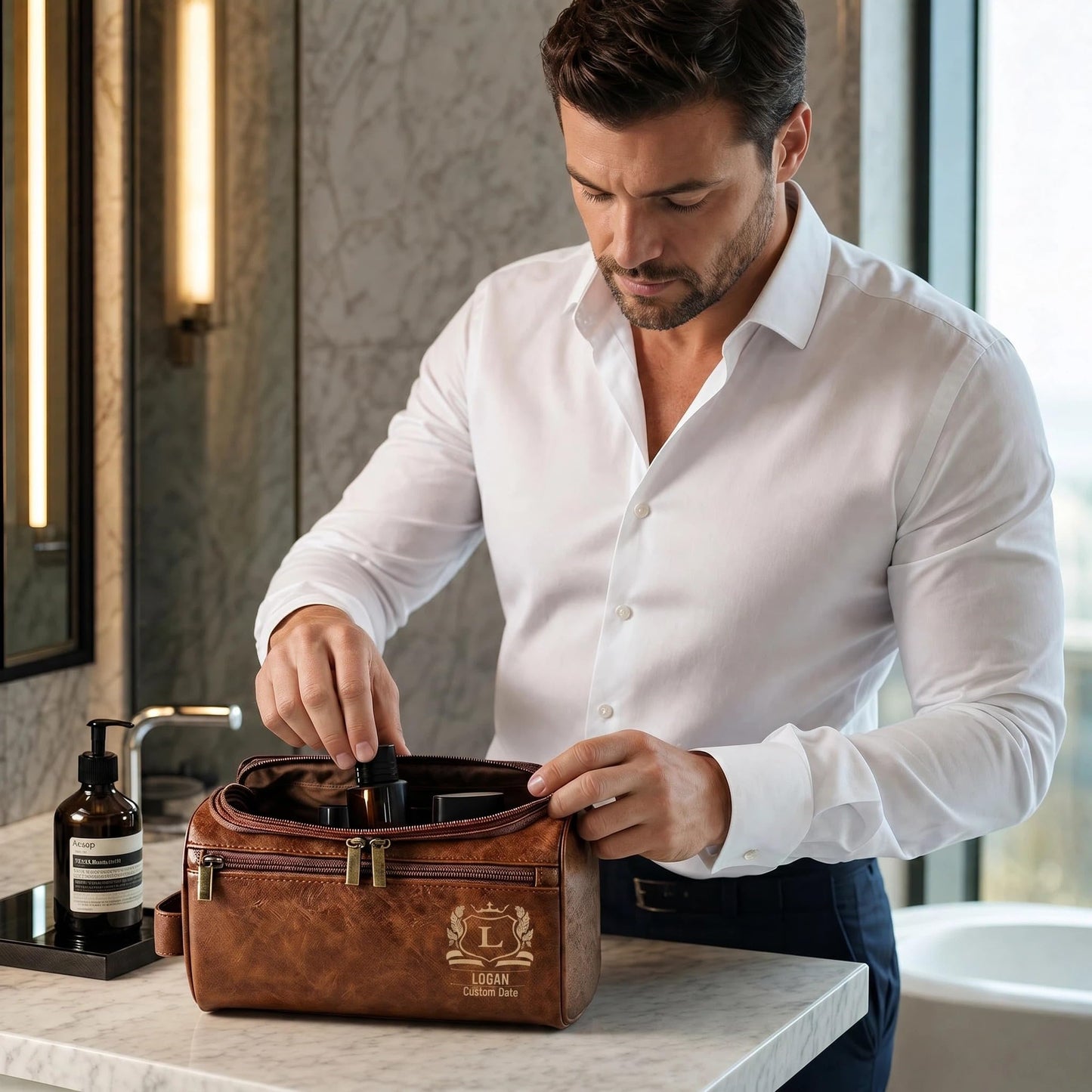 VBAIFAyy Personalized Leather Toiletry Bag for Men, Custom Engraved Hanging Dopp Kit with Name, Waterproof Travel Shaving Organizer, Durable Multi-Pocket Gift for Dad Husband Uncle Groomsmen Christmas