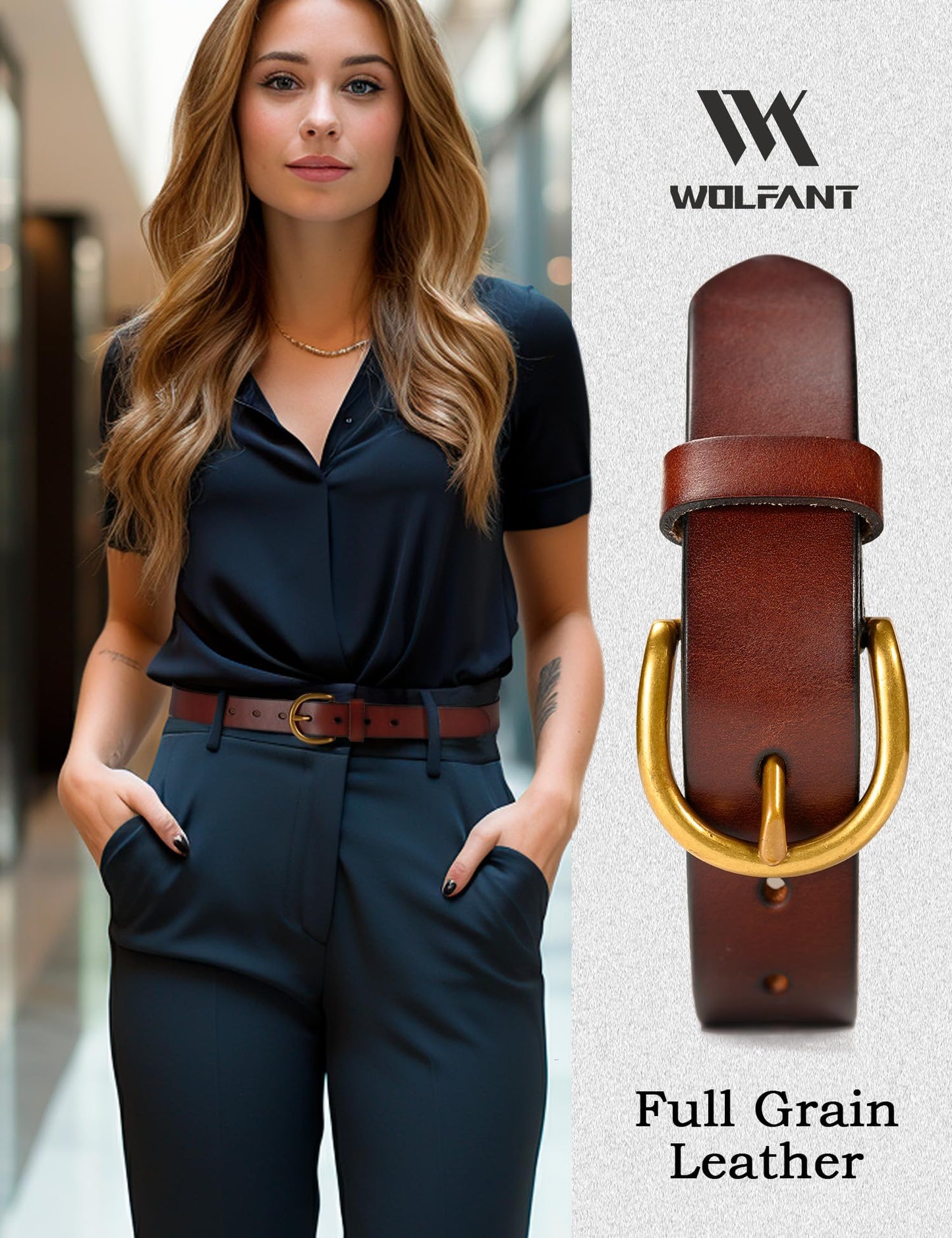 WOLFANT Womens Casual leather Jean Belt,1.1" Ladies Belt with Gold Buckle,100% Italian Full Grain Real Solid Leather