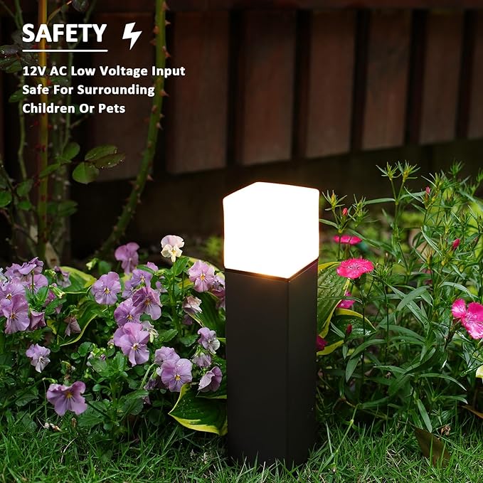 GOODSMANN 8PK Bollard Landscape Lighting Kit 2W LED Low Voltage Square Pathway Lights 100 Lumen 2700K Warm White Outdoor Hardwired Walkway Lights Brown Finish Path Lights with Connectors Metal Stakes